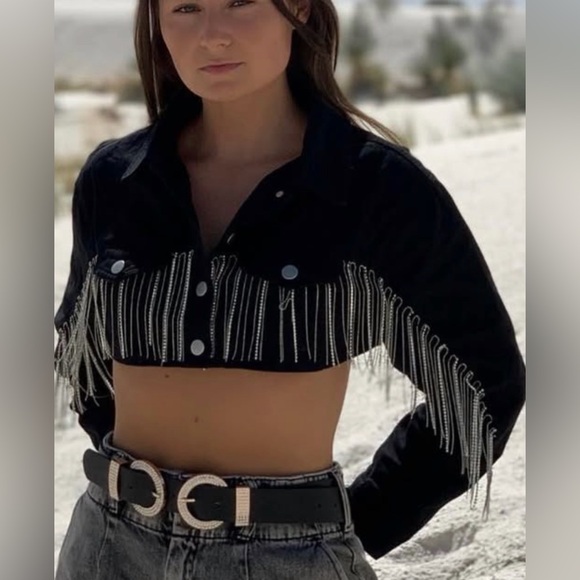 12th Tribe Tops - Black Crop Denim Jacket with Rhinestone Bead Fringe